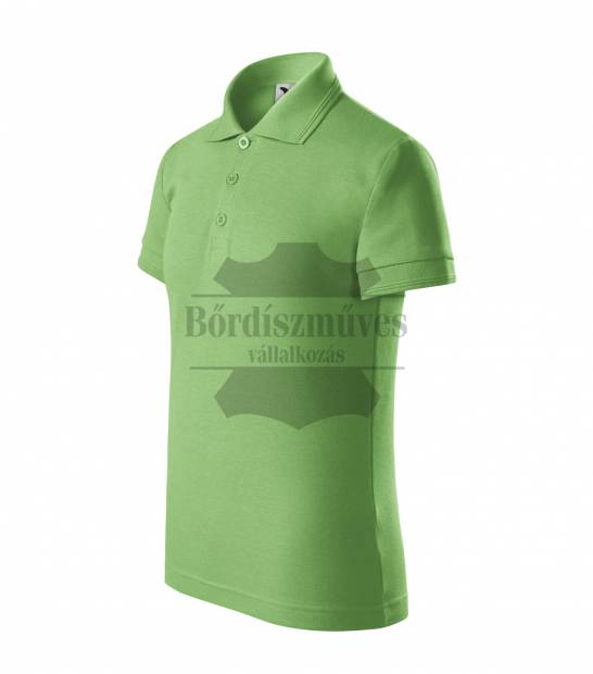 Bőrdíszmű, bőrdíszműves, gyártás, kereskedelem, egyedi bőrdíszműves termékek, MALFINI, a.s., Adler, gyerek textil termékek forgalmazása, csomagküldés, 6500 Baja, Szeremlei u. 39., Bőrdíszműves Bt., Alma zöld galléros gyerek póló