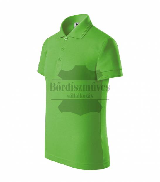 Bőrdíszmű, bőrdíszműves, gyártás, kereskedelem, egyedi bőrdíszműves termékek, MALFINI, a.s., Adler, gyerek textil termékek forgalmazása, csomagküldés, 6500 Baja, Szeremlei u. 39., Bőrdíszműves Bt., Zöld galléros gyerek póló